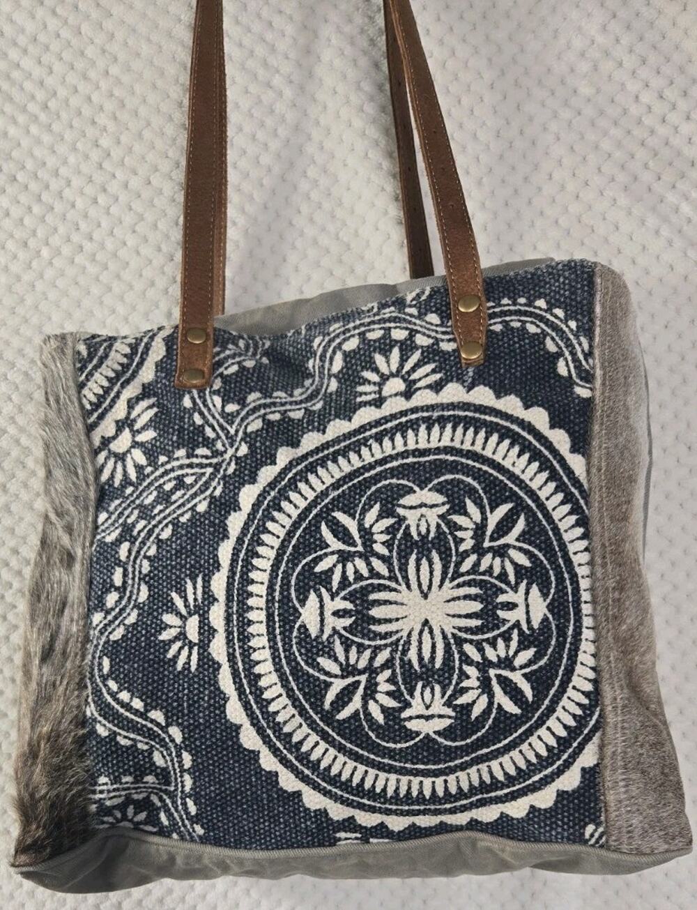 Myra Bag Canvas Hairon Cowhide Leather Tote Shoulder Bag Blue Mandala Boho Large